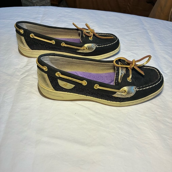 Sperry Women's Size 9 Black& Gold Angelfish Glitter Boat Topsiders Shoes Slip On - Picture 4 of 9